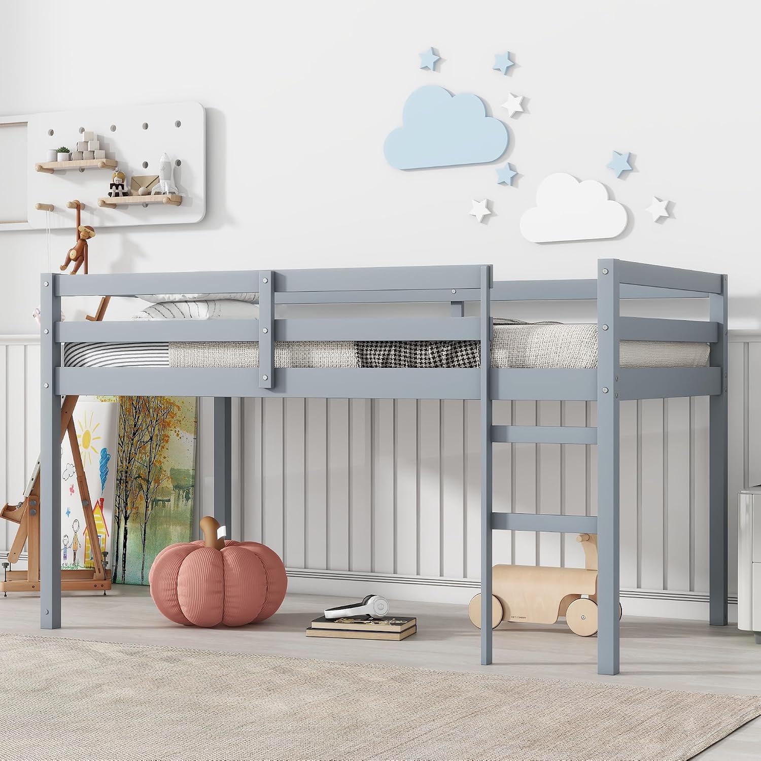 JIVOIT Wood Low Loft Bed Frame with Ladder, Solid Rubber Wooden Twin Loft Bed, Bed Platform of Strengthened Slats, Space Saving Design, No Box Spring Needed (Gray,104)