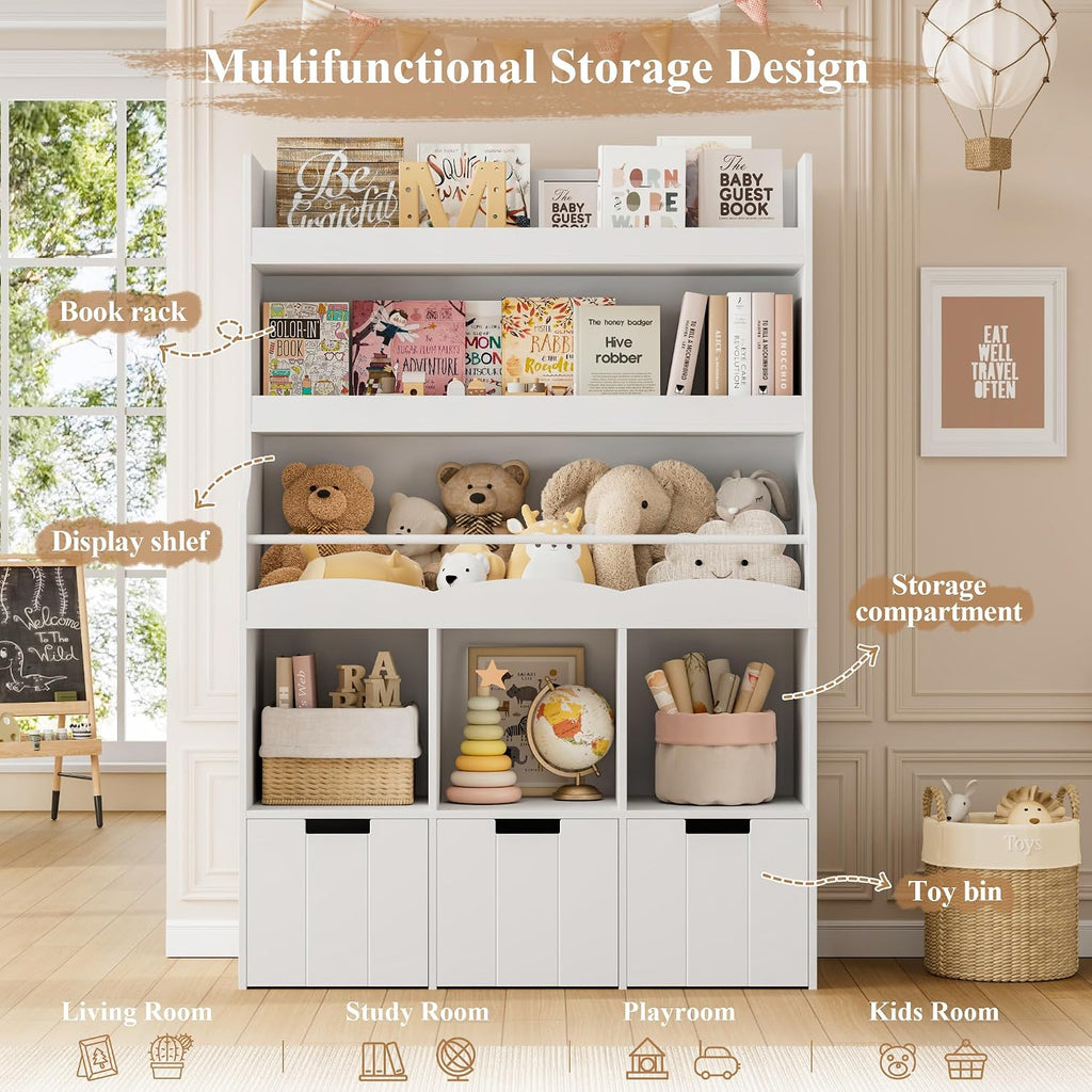 HITHOS 55.3' H Kids Bookshelf with Toy Storage Organizer, Tall Book Shelf with 3 Movable Toy Storage Bins, Large Kids Bookcase with Toy Chest, 39.2' W Modern Toy Box for Kid Room, Playroom, White