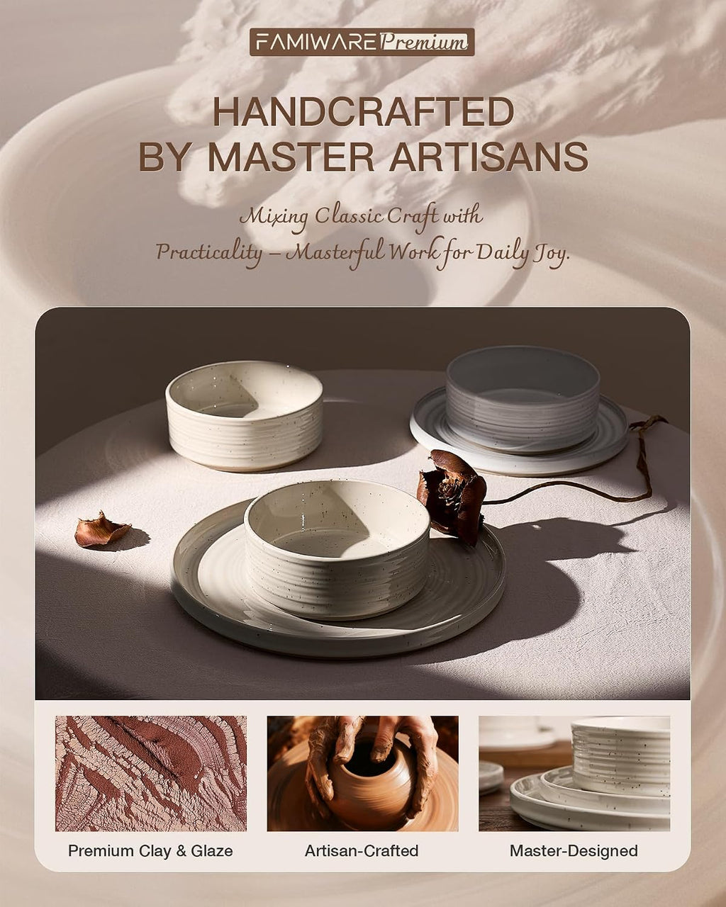 18-Piece Stoneware Dinnerware Set – High Edge Plates and Bowls with Reactive Glaze, Speckles & Spirals, Scratch Resistant Dishes, Dishwasher Safe, Service for 6, Gift Box, Shell Beige