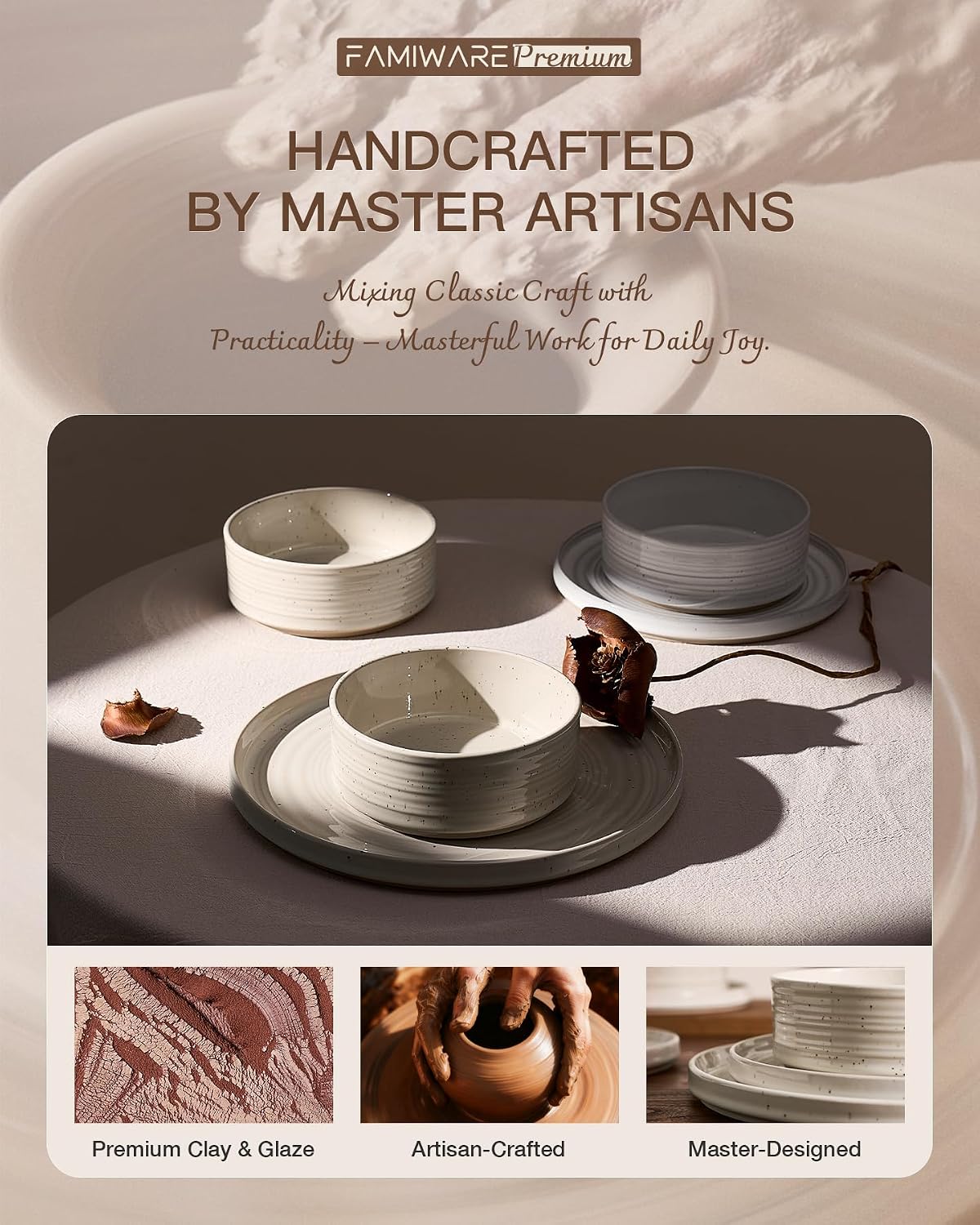 18-Piece Stoneware Dinnerware Set – High Edge Plates and Bowls with Reactive Glaze, Speckles & Spirals, Scratch Resistant Dishes, Dishwasher Safe, Service for 6, Gift Box, Shell Beige