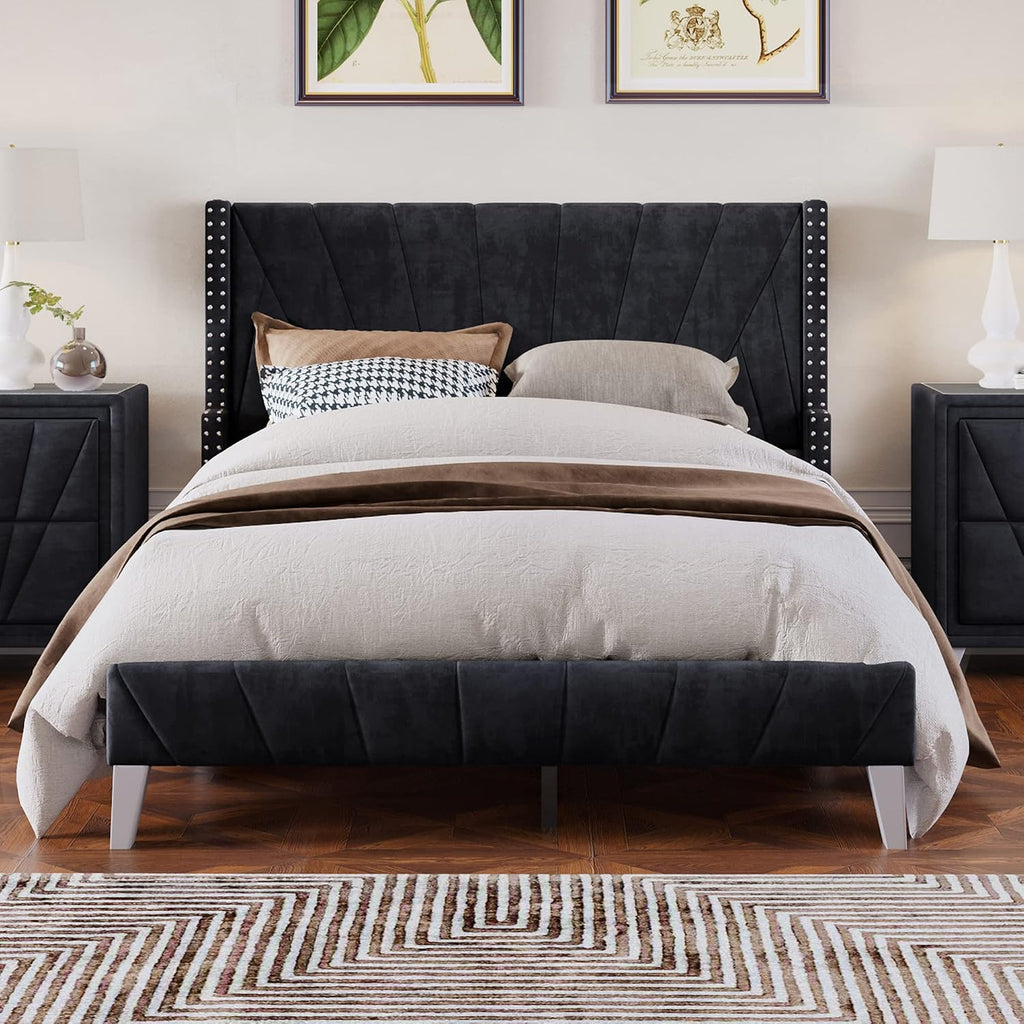 3 Pieces Velvet Bedroom Set with Full Upholstered Bed and Two Nightstand, Contemporary Furniture Set for Bedroom Living Room (Black+3 Pieces+Full)