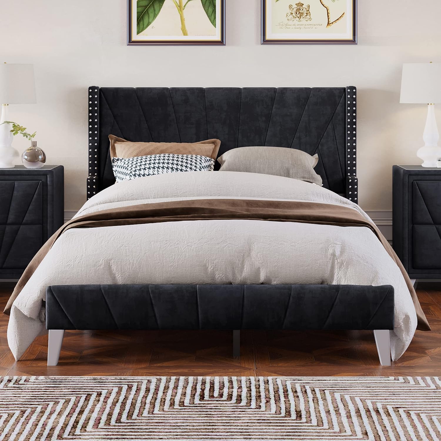 3 Pieces Velvet Bedroom Set with Full Upholstered Bed and Two Nightstand, Contemporary Furniture Set for Bedroom Living Room (Black+3 Pieces+Full)