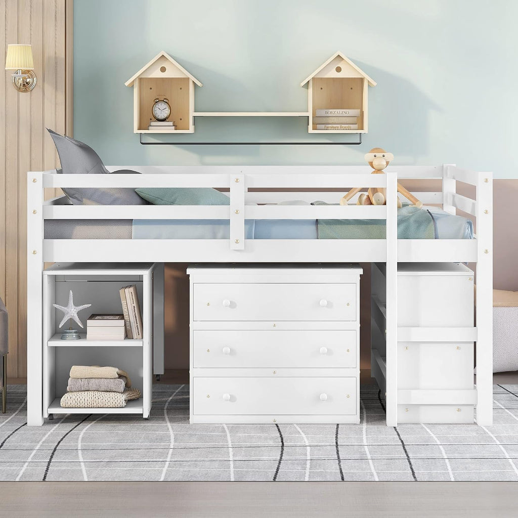 JIVOIT Full Size Low Loft Bed with Rolling Portable Desk, Wooden Loft Bed with Cabinet/Bookshelf/Drawers/Open Shelves for Kids Teens Adults, No Box Spring Required (White-Full-Rolling Portable Desk)