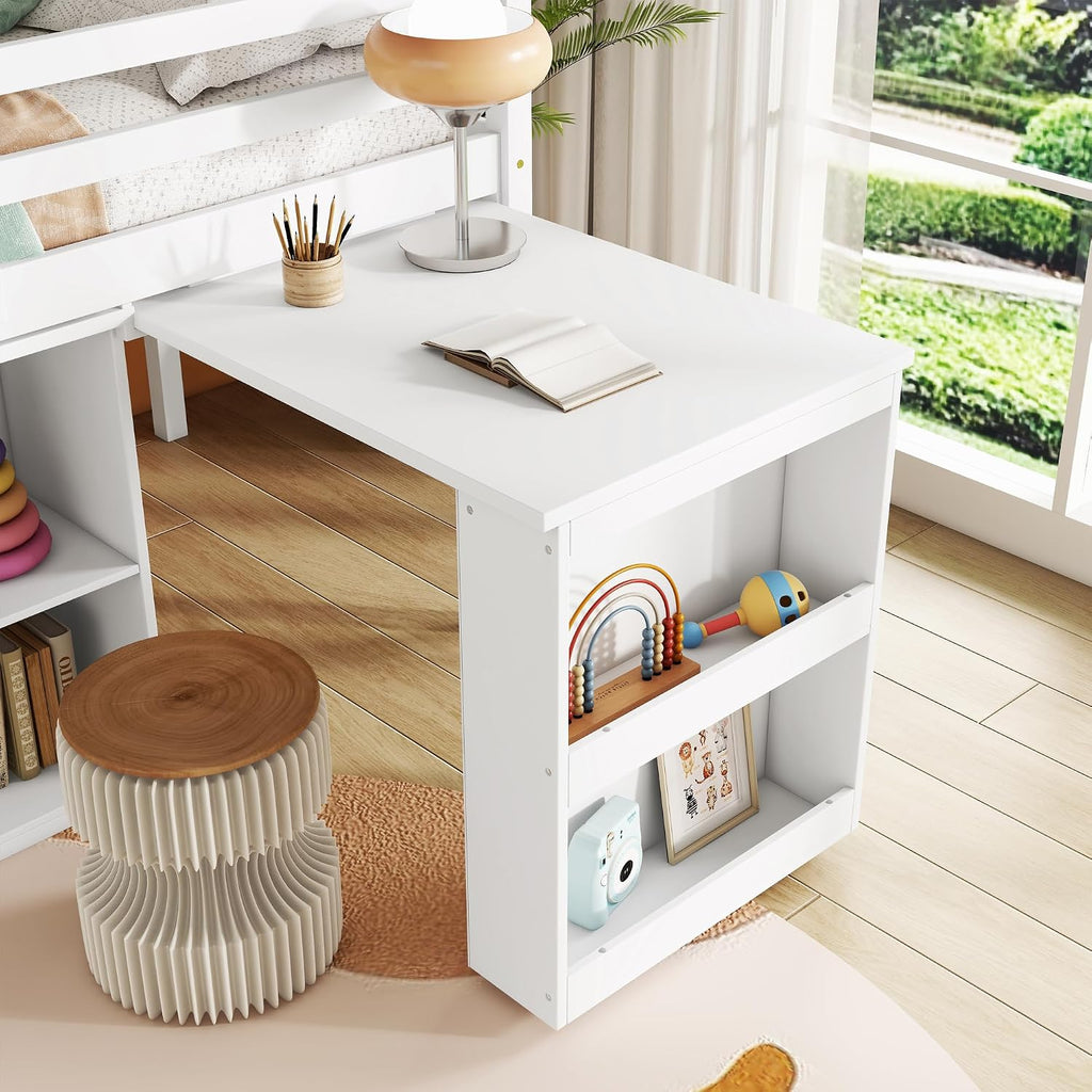 Twin Loft Bed, Multifunctional Loft Bed with Drawer Cabinet, Shelf Cabinet and Pulling-Out Desk, Flexible Under-bed Storage Space, Rubber Wood Loft Bed with Safety Guardrail and Ladder (White/261)