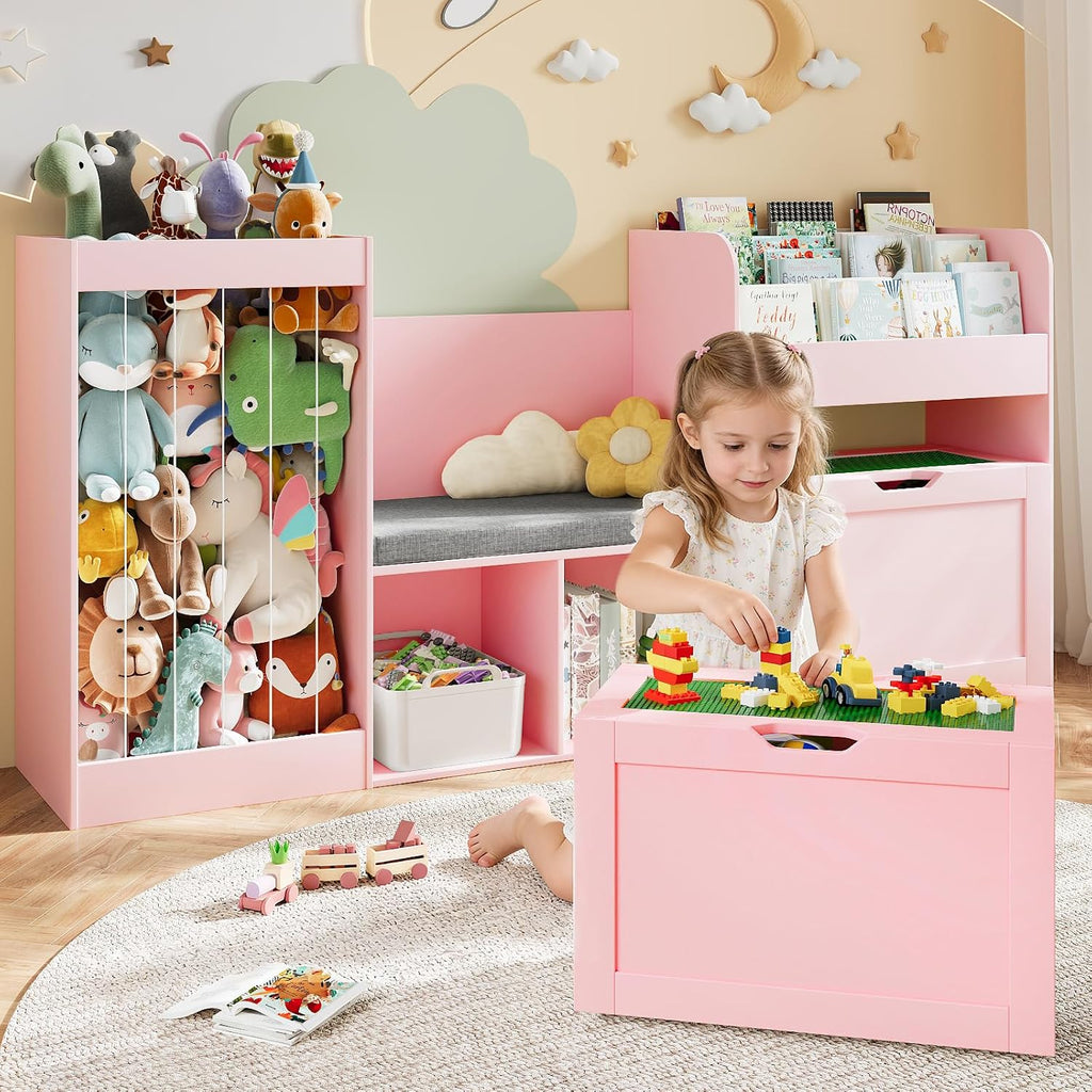 68.9'W Kids Toy Storage, Large Bookshelf with Reading Nook, Removable Building Baseplate Lid for Lego, Rolling Drawers, Stuffed Animal Storage, Bench and Removable Cushions for Playroom(Pink)