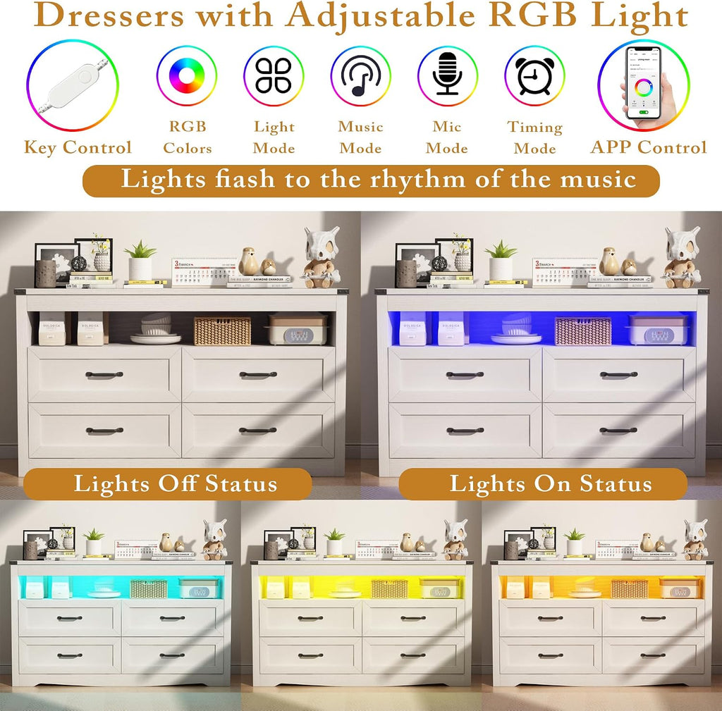 Wodeer White Dresser for Bedroom, Wood 4 Drawer Dresser with LED Light, Dressers & Chests of Drawers with Metal Handles, Storage and Organization for Bedroom, Hallway, Entryway