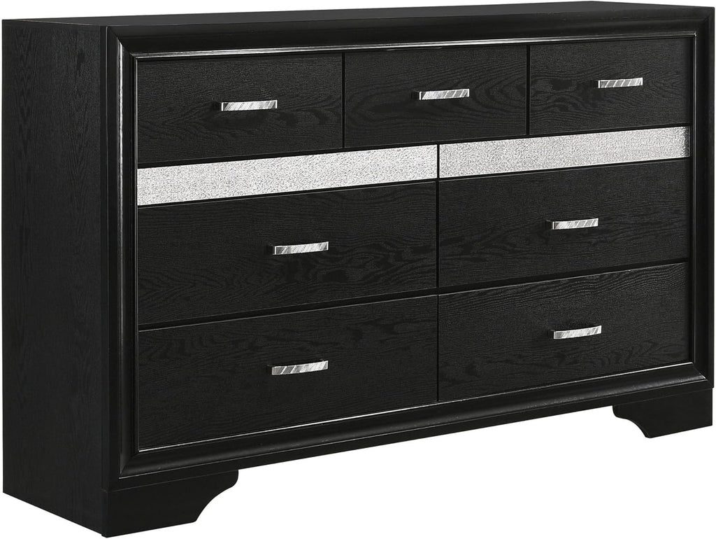 Benjara Vino 4pc Full Bedroom Set- Storage Footboard- Black/Glitter Stripes