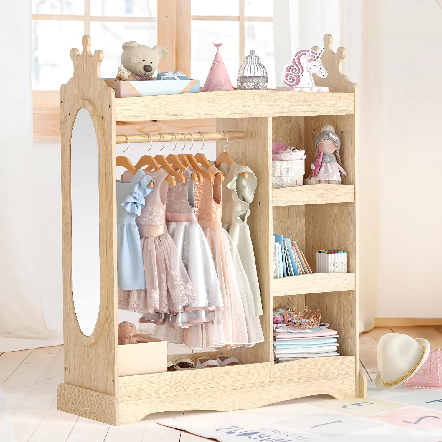 Curipeer Kids Dress up Storage with Mirror, Kids Wardrobe with Storage & 3 Hooks, Kids Closet for Girls Boys, Kids Costume Organizer, Open Hanging Armoire Wardrobe Closet for Bedroom, Natural