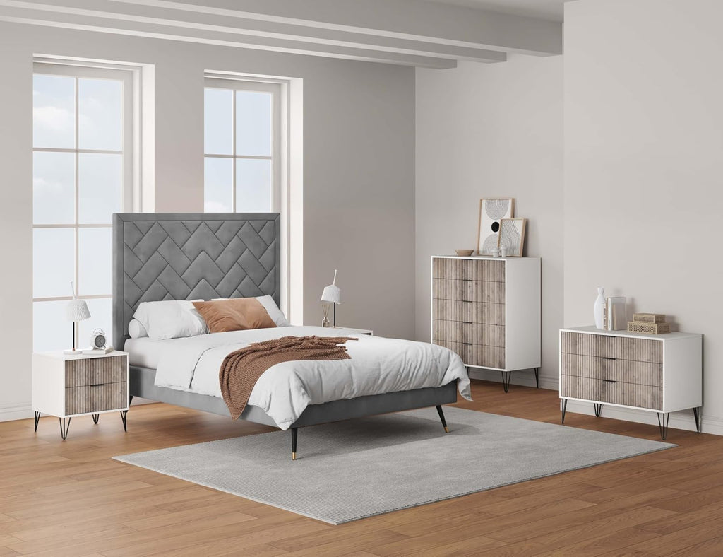 Manhattan Comfort Dumbo 3-Piece Modern Dresser Drawer and Nightstand Set, Tall and Standard - Vertical Ribbed Design - No Tool Assembly Storage for Bedroom & Living Room, White/Grey