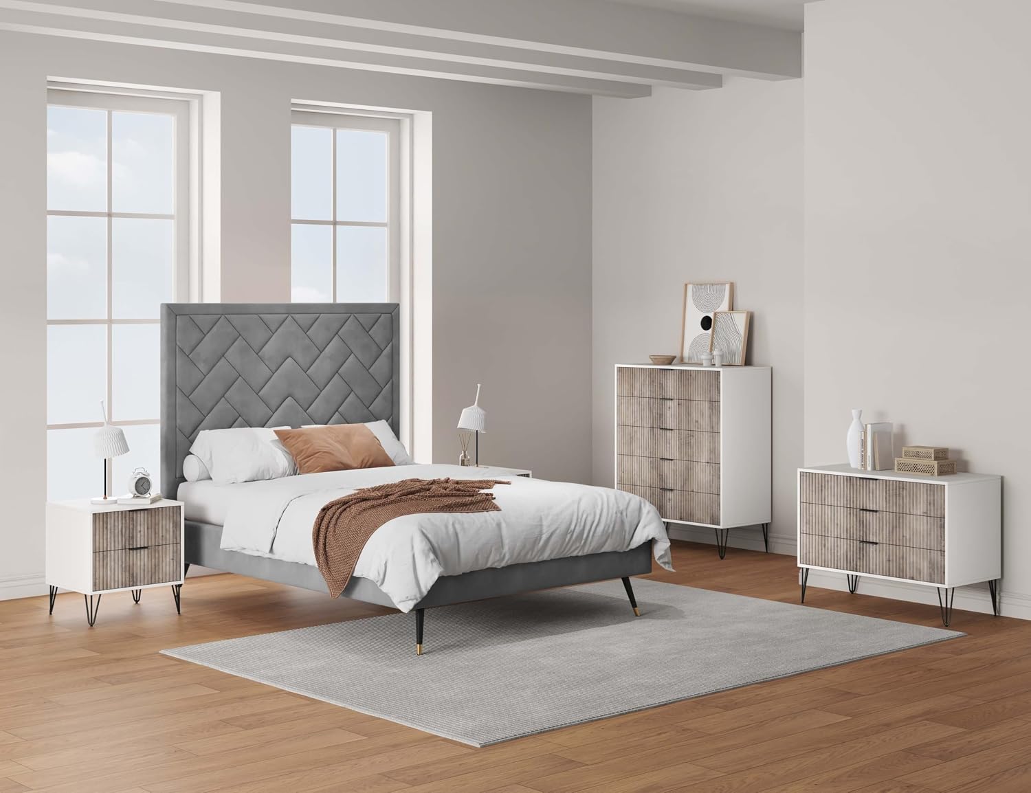 Manhattan Comfort Dumbo 3-Piece Modern Dresser Drawer and Nightstand Set, Tall and Standard - Vertical Ribbed Design - No Tool Assembly Storage for Bedroom & Living Room, White/Grey