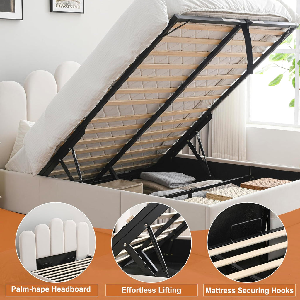 Lift Up Storage Bed Full Size, Upholstered Platform Bed with Hydraulic Storage System & Wood Slats Support, Full Bed Frame with Headboard, No Box Spring Needed, Easy Assembly, Cream