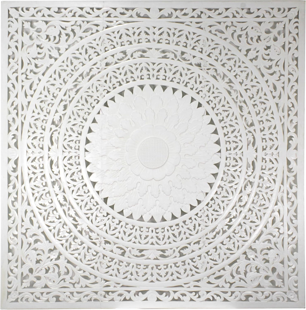 Queen Headboard Panels 59x59 in, Seruni White Hand Carved, Made in Bali Indonesia, Wall Mounted Behind Bed, 4 Panels + Hardware