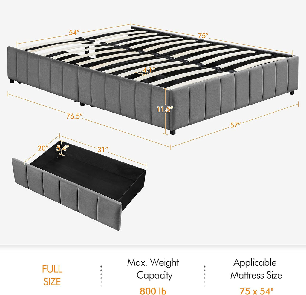 Yaheetech Full Upholstered Platform Bed with Underbed 4 Storage Drawers, No Fixed Headboard, Mattress Foundation with Wood Slat Support, Large Storage Space, No Box Spring Needed, Dark Grey Full