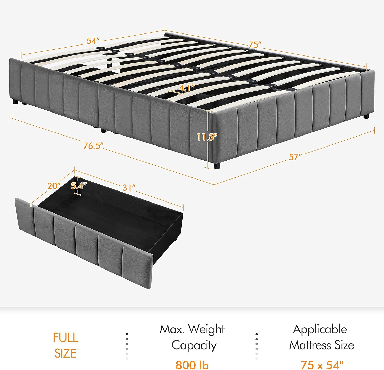 Yaheetech Full Upholstered Platform Bed with Underbed 4 Storage Drawers, No Fixed Headboard, Mattress Foundation with Wood Slat Support, Large Storage Space, No Box Spring Needed, Dark Grey Full