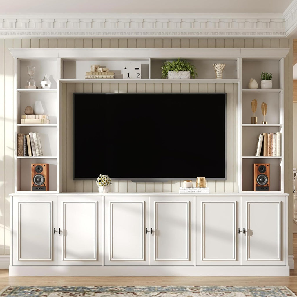 97.4' Entertainment Center Wall Unit with Bookshelves, 4-Piece Modern TV Stand for TVs up to 70' with 6 Doors & Adjustable Shelves for Living Room, White