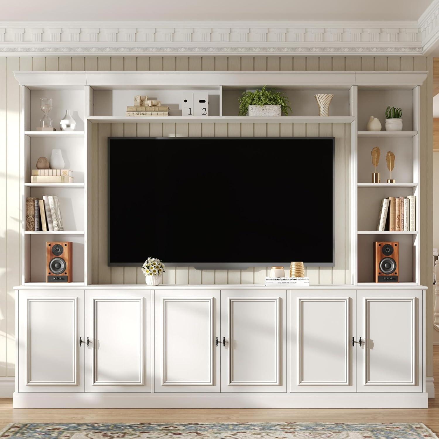 97.4' Entertainment Center Wall Unit with Bookshelves, 4-Piece Modern TV Stand for TVs up to 70' with 6 Doors & Adjustable Shelves for Living Room, White