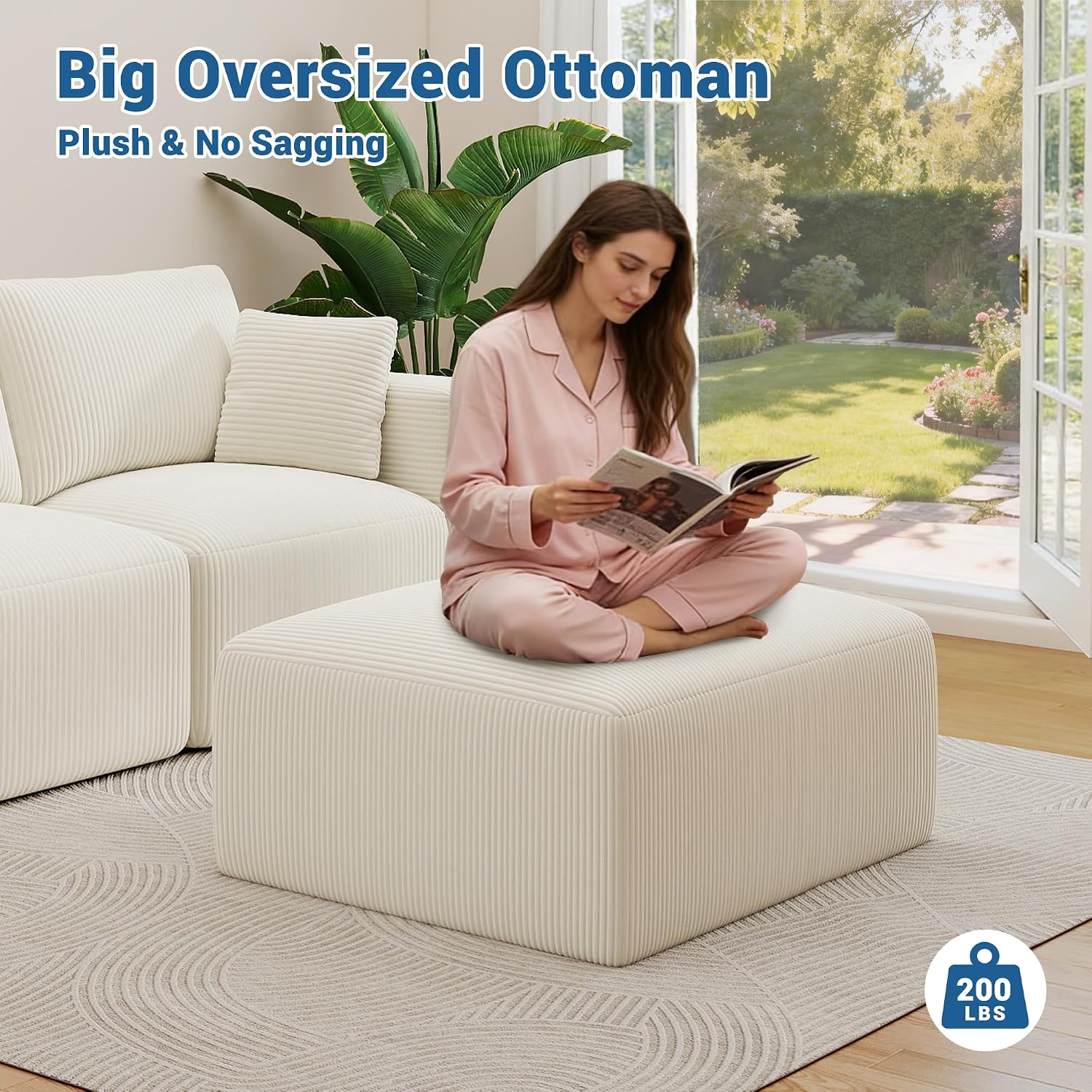 40' Oversized Large Square Corduroy Ottoman Pouf - Poofy Plush Foot Rest with Foam Chunk Filling, Movable Floor Pouf Footstool & Ottoman Coffee Table for Living Room Couch Bedroom, Beige (2 Pieces)