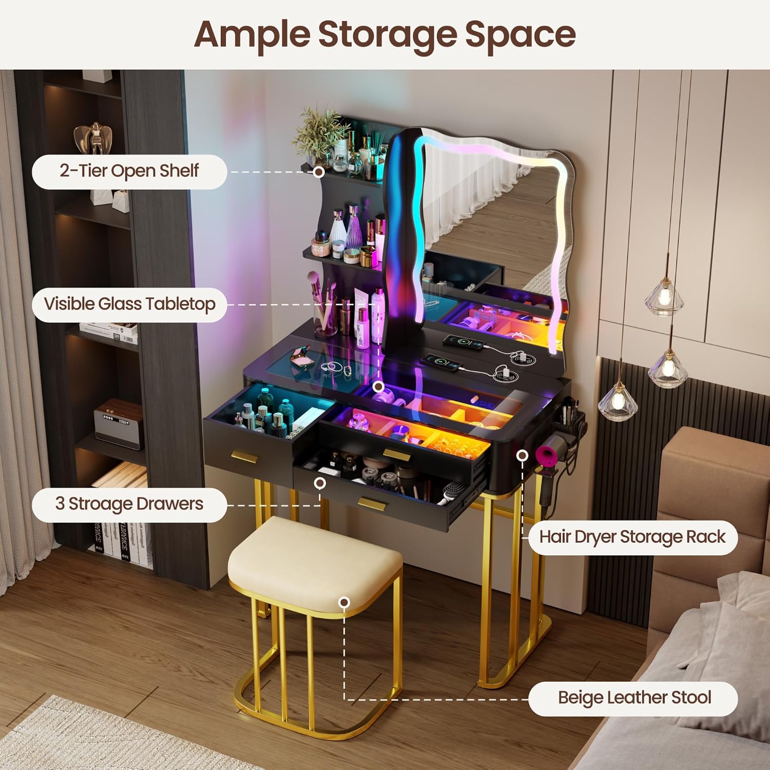Glass Top Makeup Vanity Desk with LED Mirror & RGB Lights, Modern Vanity Table with 3 Drawers, Charging Station, Hair Dryer Holder, Dimmable Colorful Light Vanity Set for Bedroom,Black