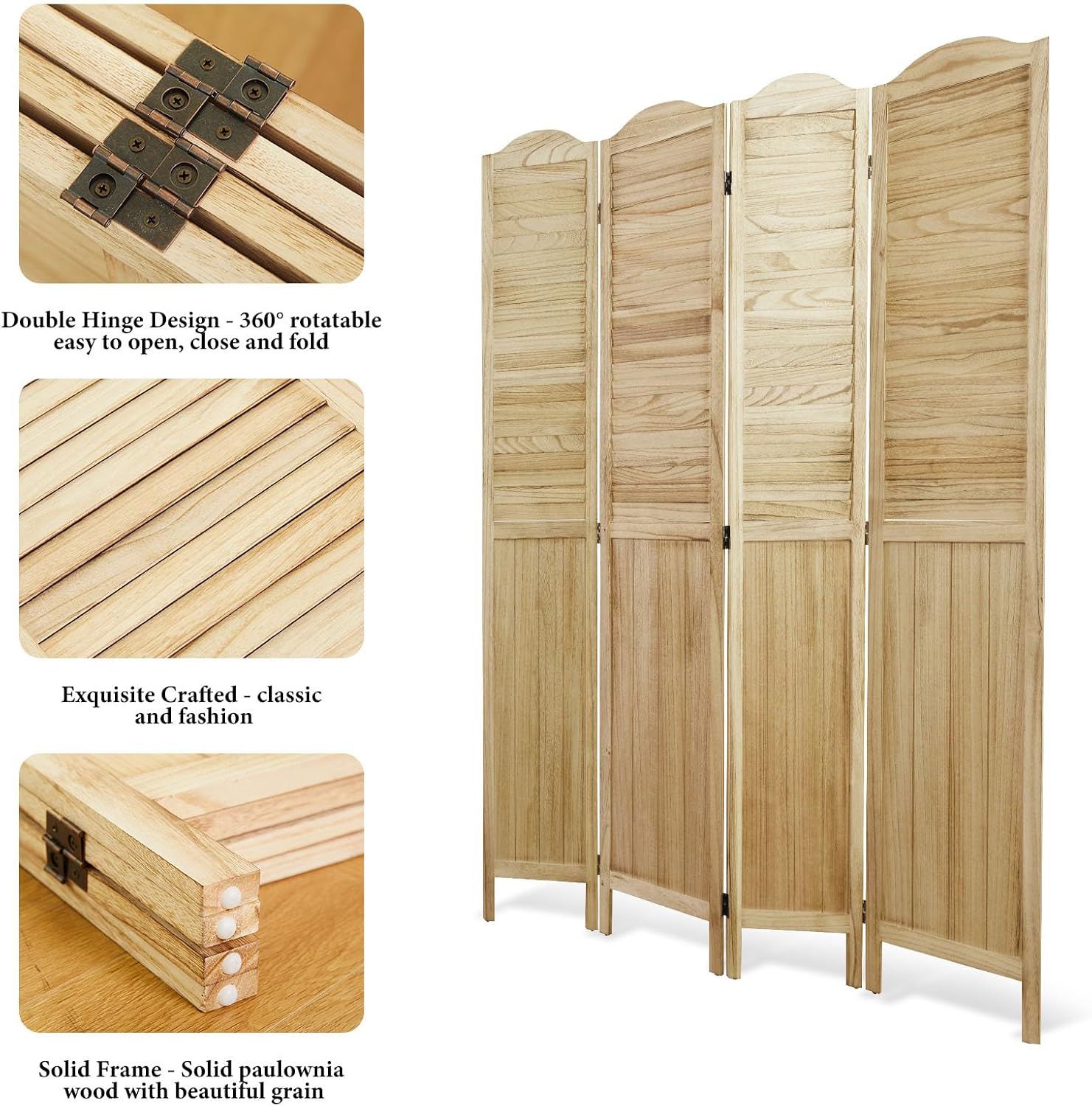 Room Dividers, 5.75Ft Individual Privacy Screens Foldable Wooden Louver & MDF Stable Wall Divider for Home Office Bedroom, 4 Panels (Natural)