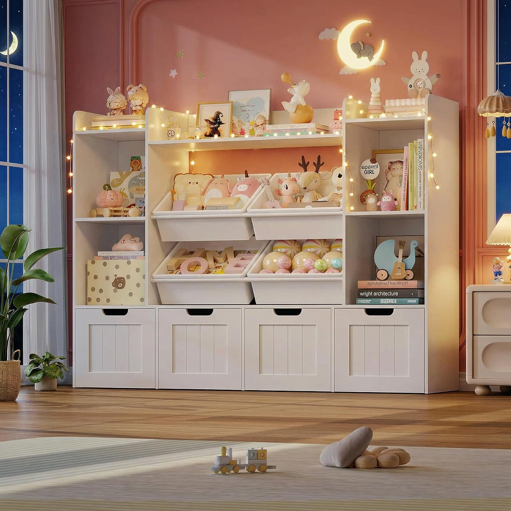 Toy Storage Organizer, Toy Organizer with 4 Movable Drawers and 4 Box Bins, Kids Playroom Storage Organization with Hidden Wheels for Living Room, Kids Room