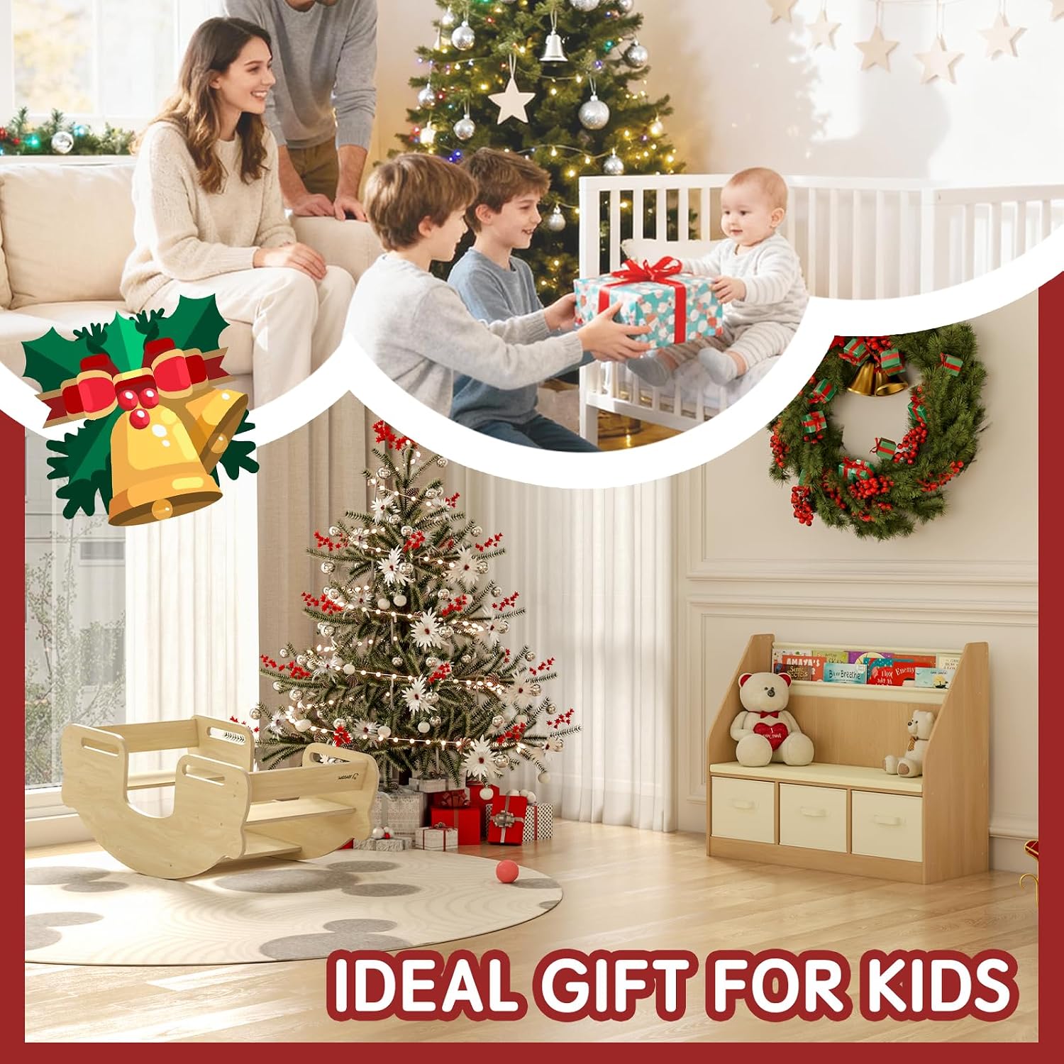 Kids Reading Nook and Storage Organizer - Large Book Storage with 3 Drawer Bench 3 Tier Book Sling, Bag Hook Perfect Book Nook for Ages 3-12 Chirstmas Gift
