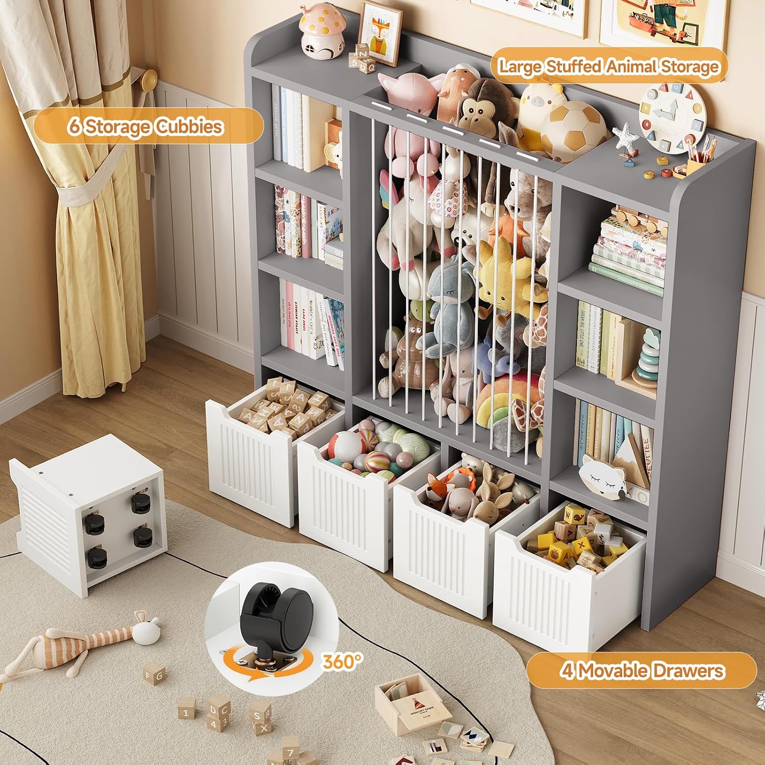 ONBRILL Toy Storage Organizer, Toddler Stuffed Animal Storage, Kids Toy Shelf with 6 Open Cubbies & 4 Movable Toy Chest, Bookshelf for Kids Room Playroom Bedroom Nursery (Grey)