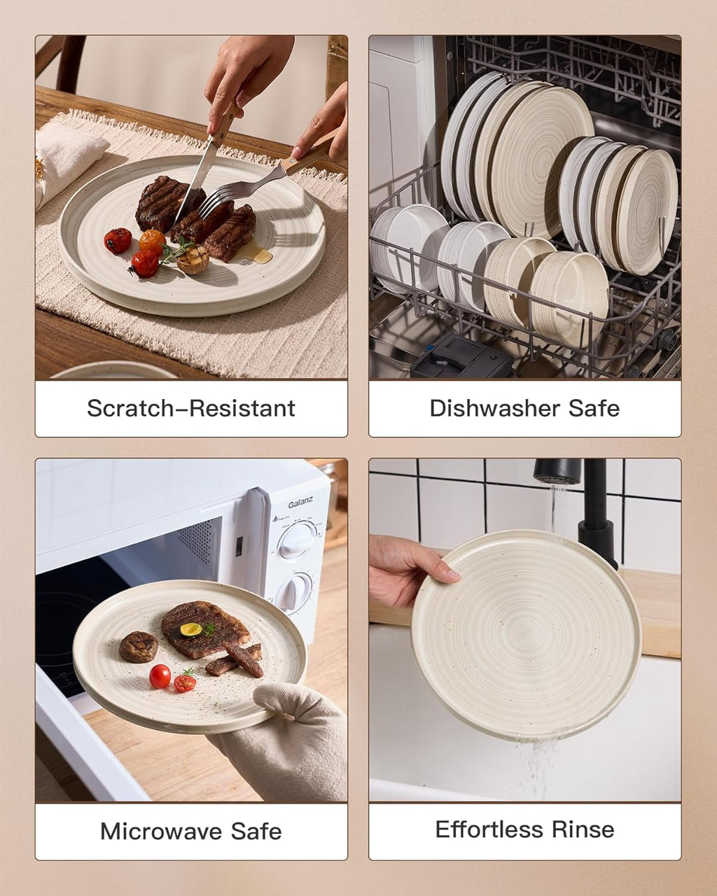 18-Piece Stoneware Dinnerware Set – High Edge Plates and Bowls with Reactive Glaze, Speckles & Spirals, Scratch Resistant Dishes, Dishwasher Safe, Service for 6, Gift Box, Shell Beige