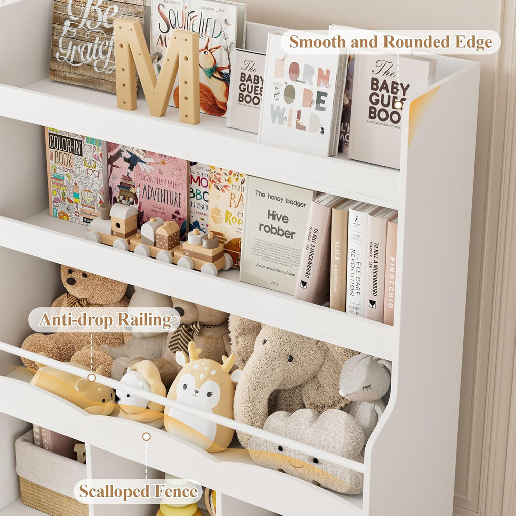 HITHOS 55.3' H Kids Bookshelf with Toy Storage Organizer, Tall Book Shelf with 3 Movable Toy Storage Bins, Large Kids Bookcase with Toy Chest, 39.2' W Modern Toy Box for Kid Room, Playroom, White