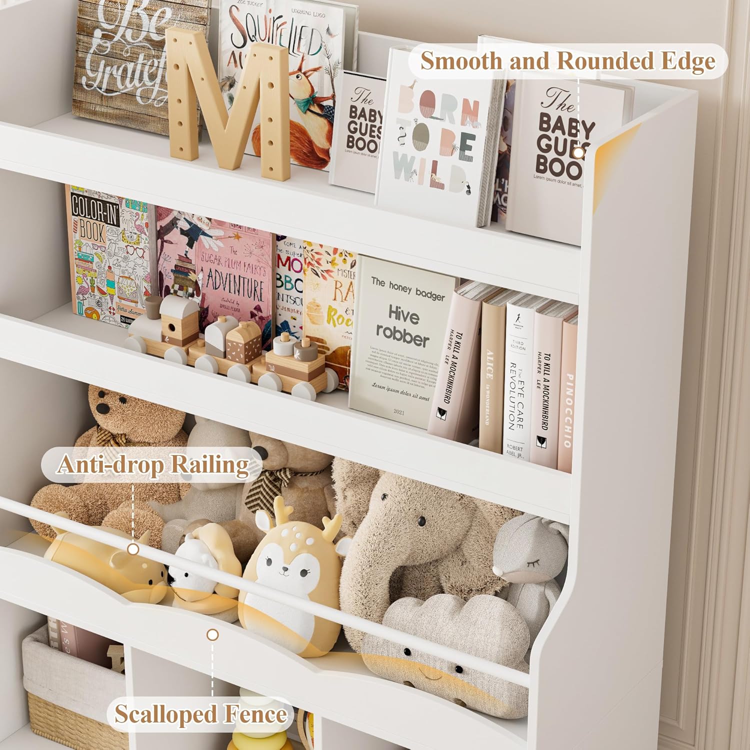 HITHOS 55.3' H Kids Bookshelf with Toy Storage Organizer, Tall Book Shelf with 3 Movable Toy Storage Bins, Large Kids Bookcase with Toy Chest, 39.2' W Modern Toy Box for Kid Room, Playroom, White