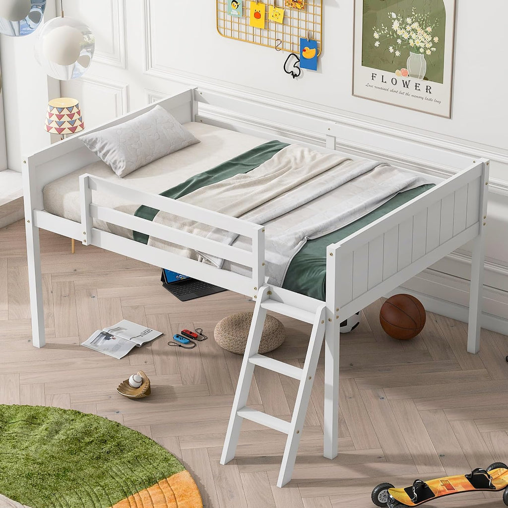JIVOIT Full Size Low Loft Bed, Wooden Loft Bed with Convertible Ladder, Ladder can be Placed on The Left or Right, Full-Length Guardrails, No Box Spring Required (White & Convertible Ladder,Full)