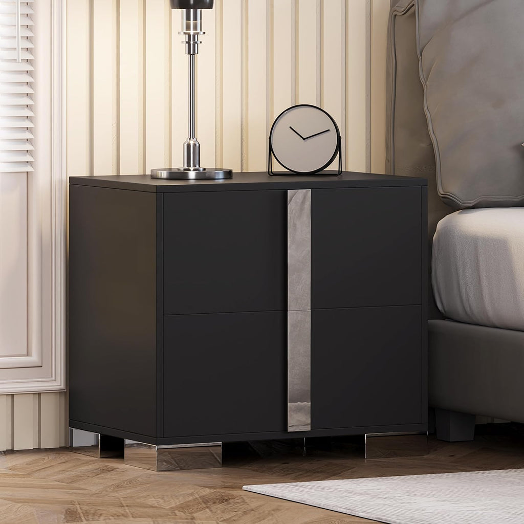 Henf Modern Black Nightstand Set of 2 for Bedroom, Elegant 2 Drawer Nightstand with Silver Mirrored Handle and Base, Wood End Table Sofa Side Table for Small Place Living Room Bedroom (Black)