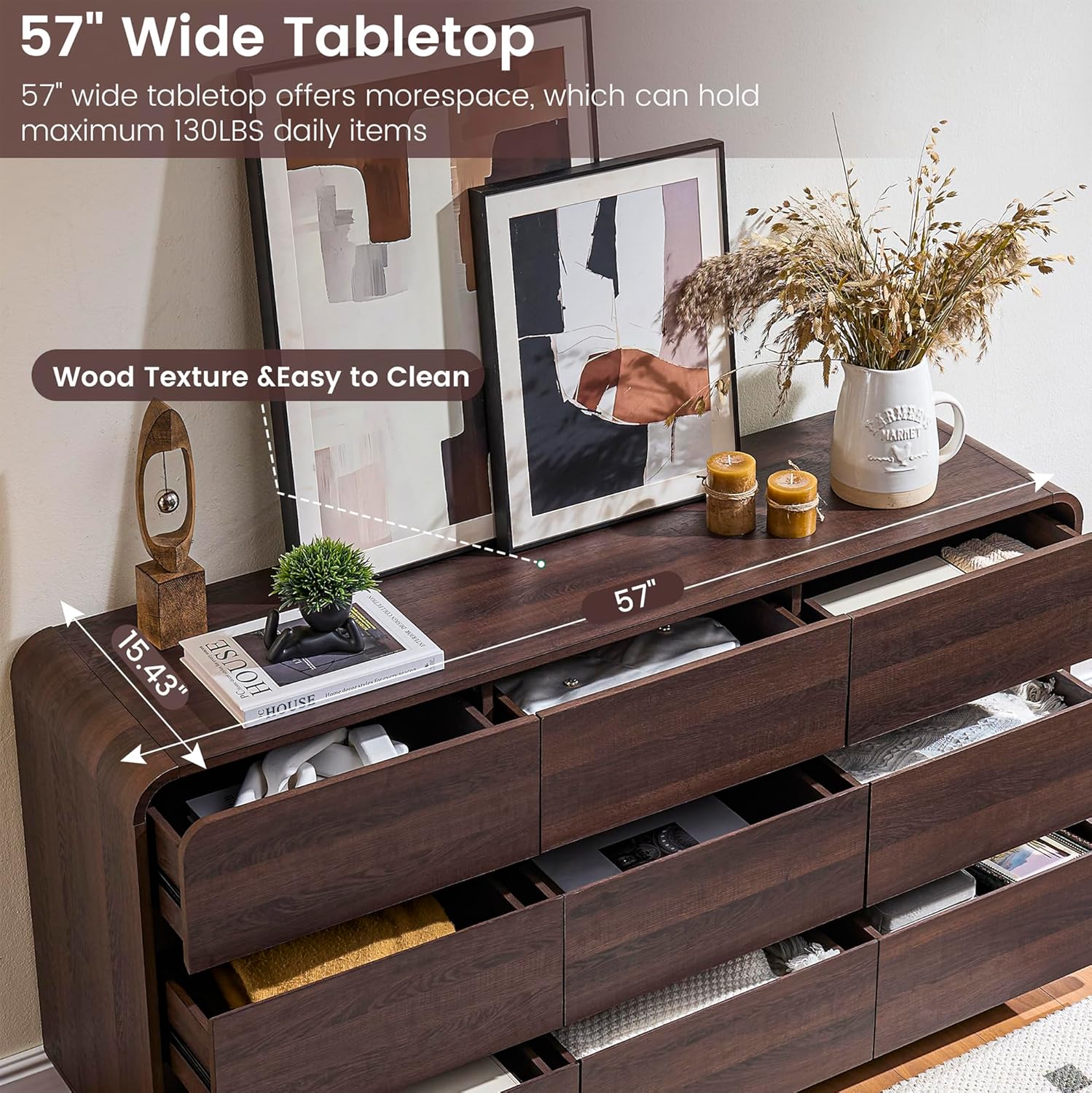 Standifurno 9 Drawer Double Dresser for Bedroom, Modern Curved Wood Chest Drawers of Handleless, Large Storage Dresser Bedroom, Living Room, Entryway, Walnut
