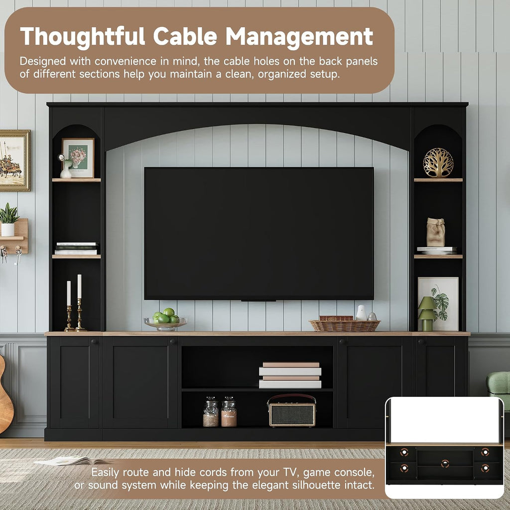 Farmhouse Entertainment Center with Bookshelves, Modern 4-Piece Wall Unit TV Stand Set for TVs up to 70', Elegant Arched Media Console Unit with Adjustable Shelves for Living Room, Black