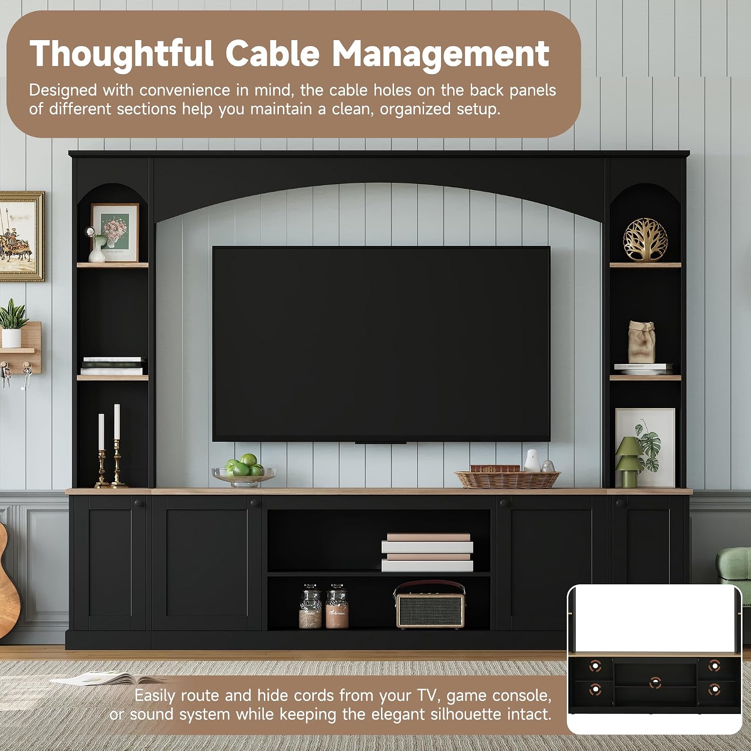Farmhouse Entertainment Center with Bookshelves, Modern 4-Piece Wall Unit TV Stand Set for TVs up to 70', Elegant Arched Media Console Unit with Adjustable Shelves for Living Room, Black
