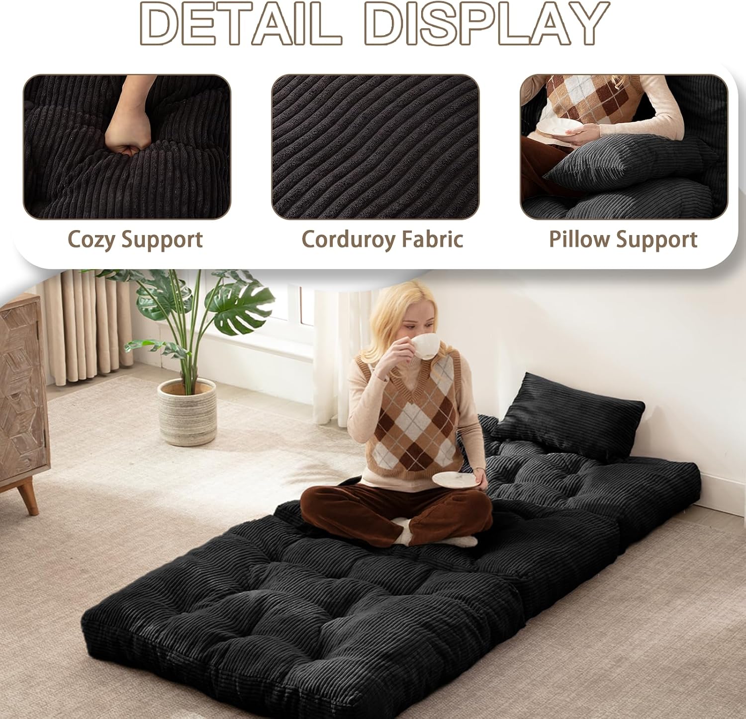 Folding Sofa Bed, Convertible Sleeper Chair with Pillow Foldable Mattress with Back Support, Portable Fold Out Chair Bed Comfy Floor Sofa Lounge for Living Room Bedroom, Black Twin 80x39 Inch
