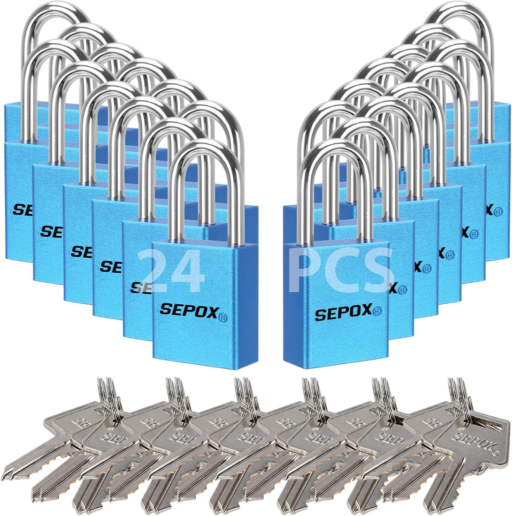 SEPOX® Ultra Rust-Resistant Weatherproof Padlocks, Blue Aluminum Set of 24 Padlocks with 36 Same Keys, High Security for Outdoor & Industrial Like Lock-Out, Gates, Storage, Lockers, Fences