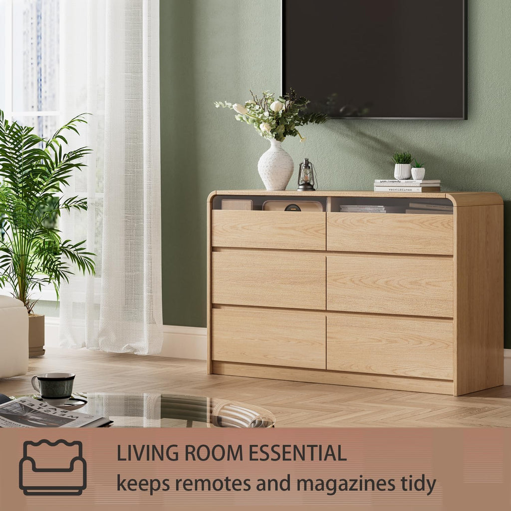 Ieejdn 47.2' Dresser with 6 Drawer, Wide Dresser with Recessed Glass Display & Silent Metal Rails, Handleless Chest of Drawers for Clothes, and Bedding, Oak