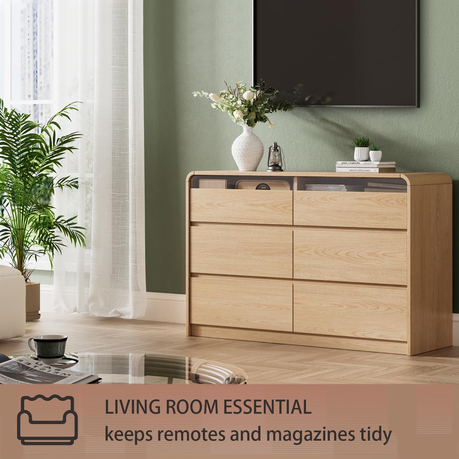 Ieejdn 47.2' Dresser with 6 Drawer, Wide Dresser with Recessed Glass Display & Silent Metal Rails, Handleless Chest of Drawers for Clothes, and Bedding, Oak