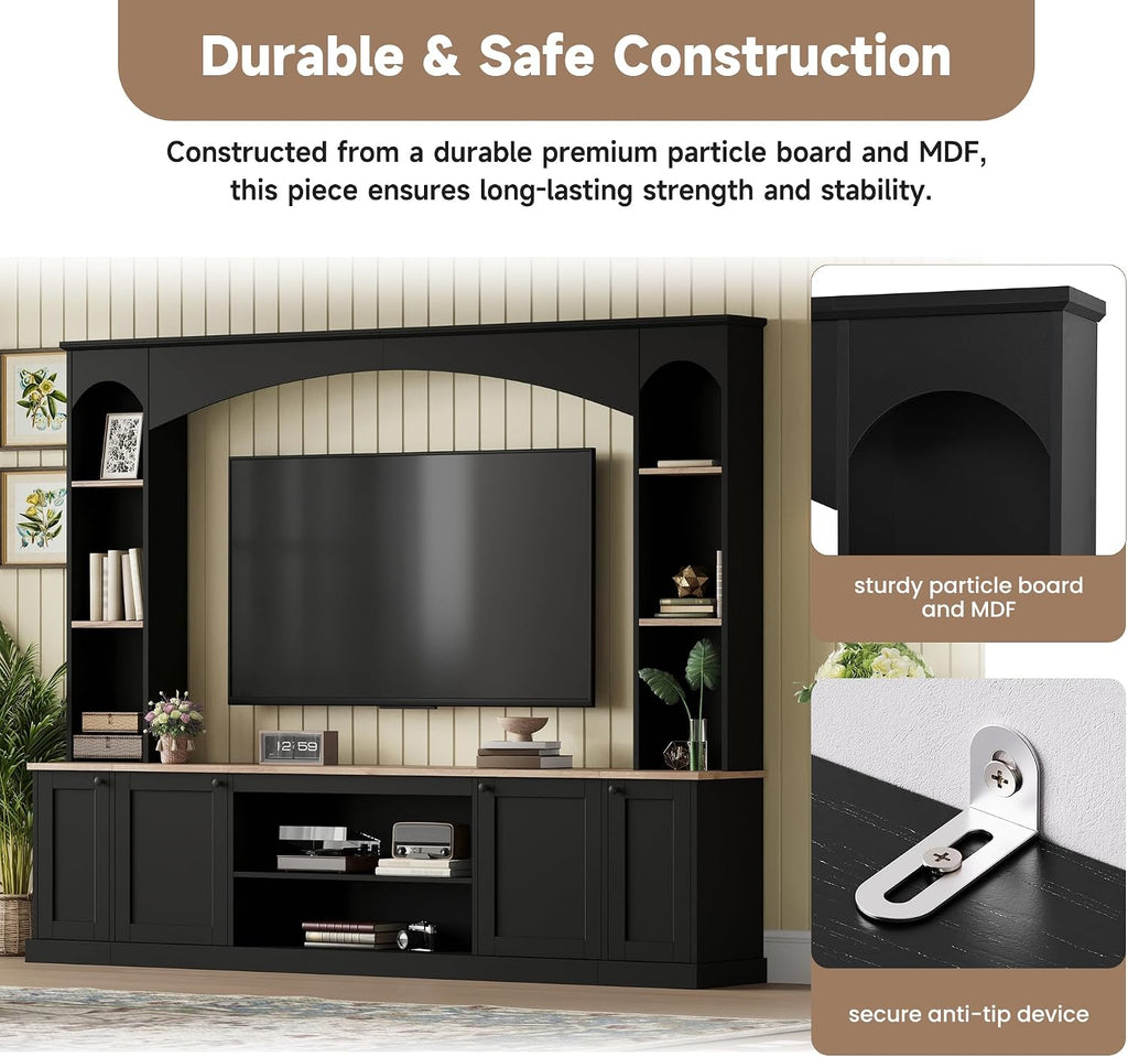 Farmhouse Entertainment Center with Bookshelves, Modern 4-Piece Wall Unit TV Stand Set for TVs up to 70', Elegant Arched Media Console Unit with Adjustable Shelves for Living Room, Black