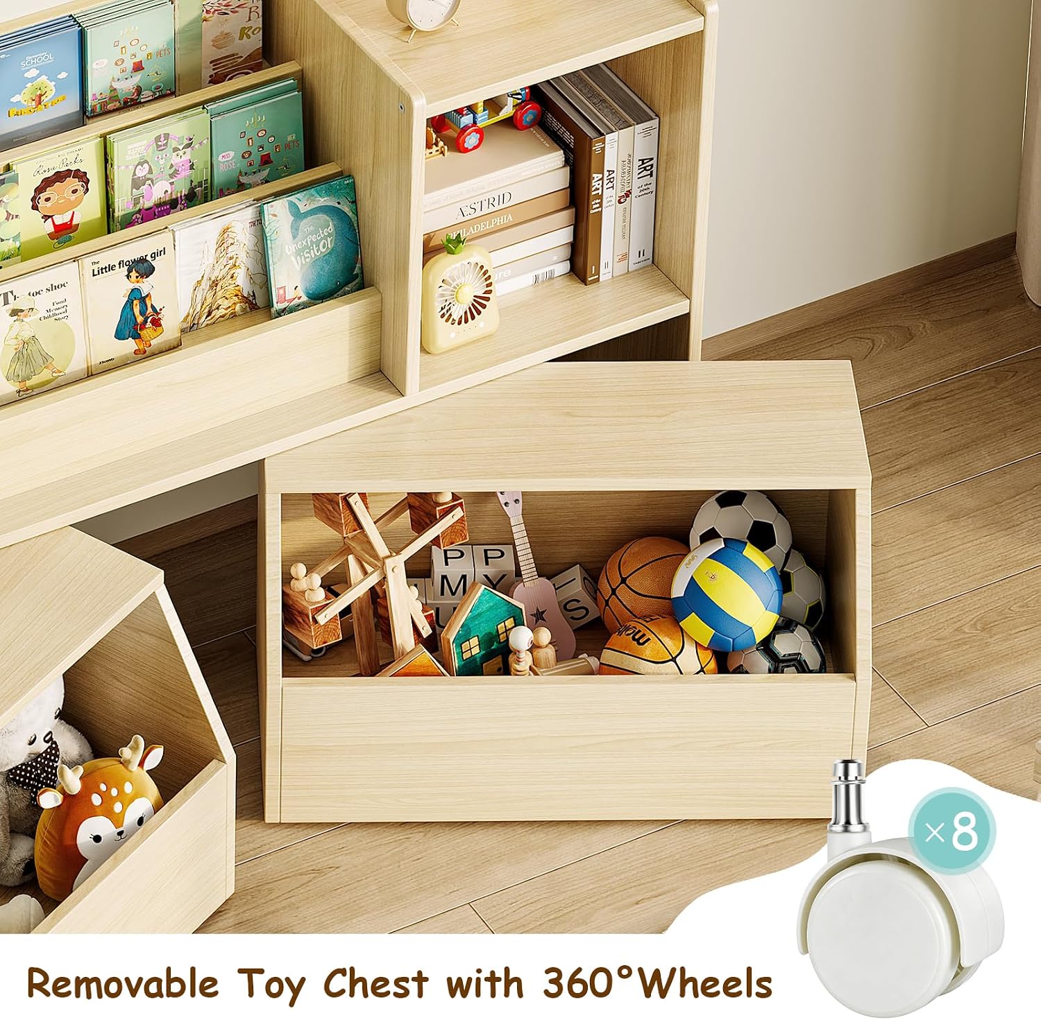 EXPERLAM Solid Wood Kids Bookshelf and Toy Storage Organizer, 3-in-1 Montessori Bookcase with Storage Cubbies and 2 Rolling Toy Bins, Toddler Bookshelf for Kids Room, Playroom, Nursery