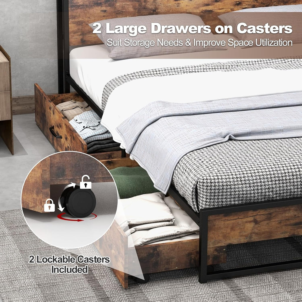 Giantex Queen Bed Frame with 2 Storage Drawers and Charging Station, Industrial Platform Bed Frame with 2-Tier Storage Headboard, Rustic Metal Slats Support Mattress Foundation, No Box Spring Needed