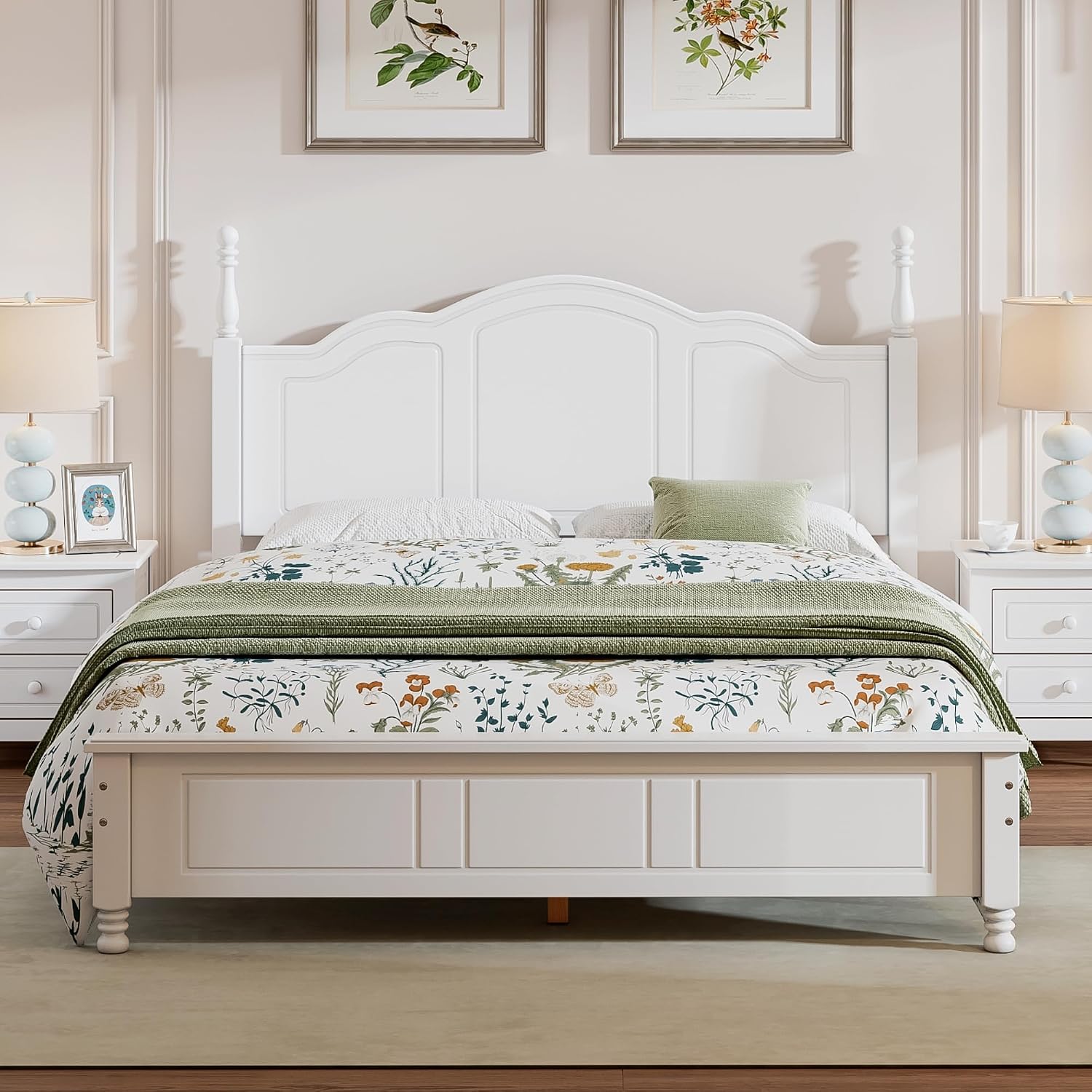 JIVOIT Wood Queen Bed Frame with Headboard and Footboard, Retro Style Platform Bed with Wooden Slat Support, Solid Wood Foundation, Queen Size Wooden Bed Frame (White, Queen Bed, 1)