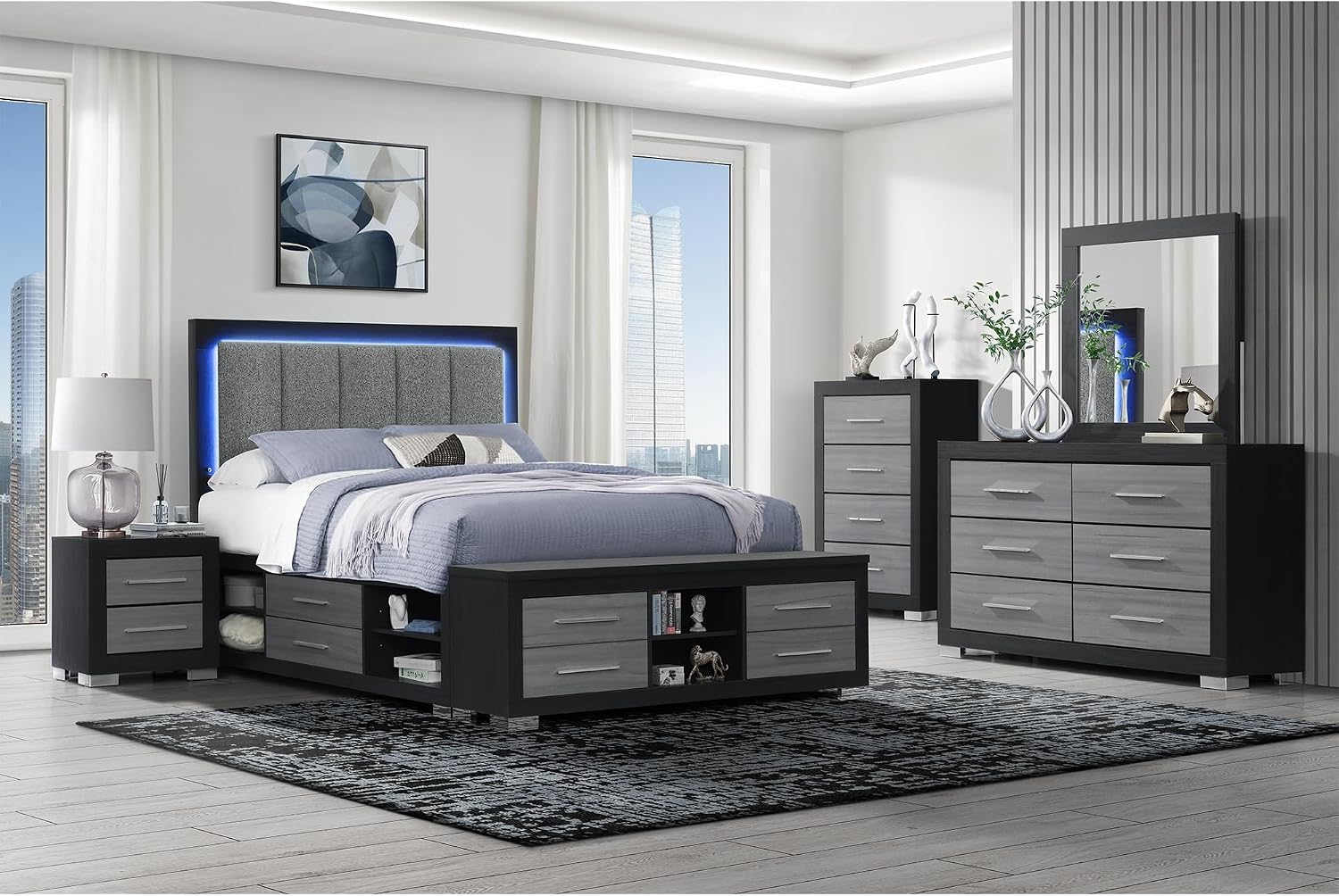 5PC Black Grey Full Bedroom Set