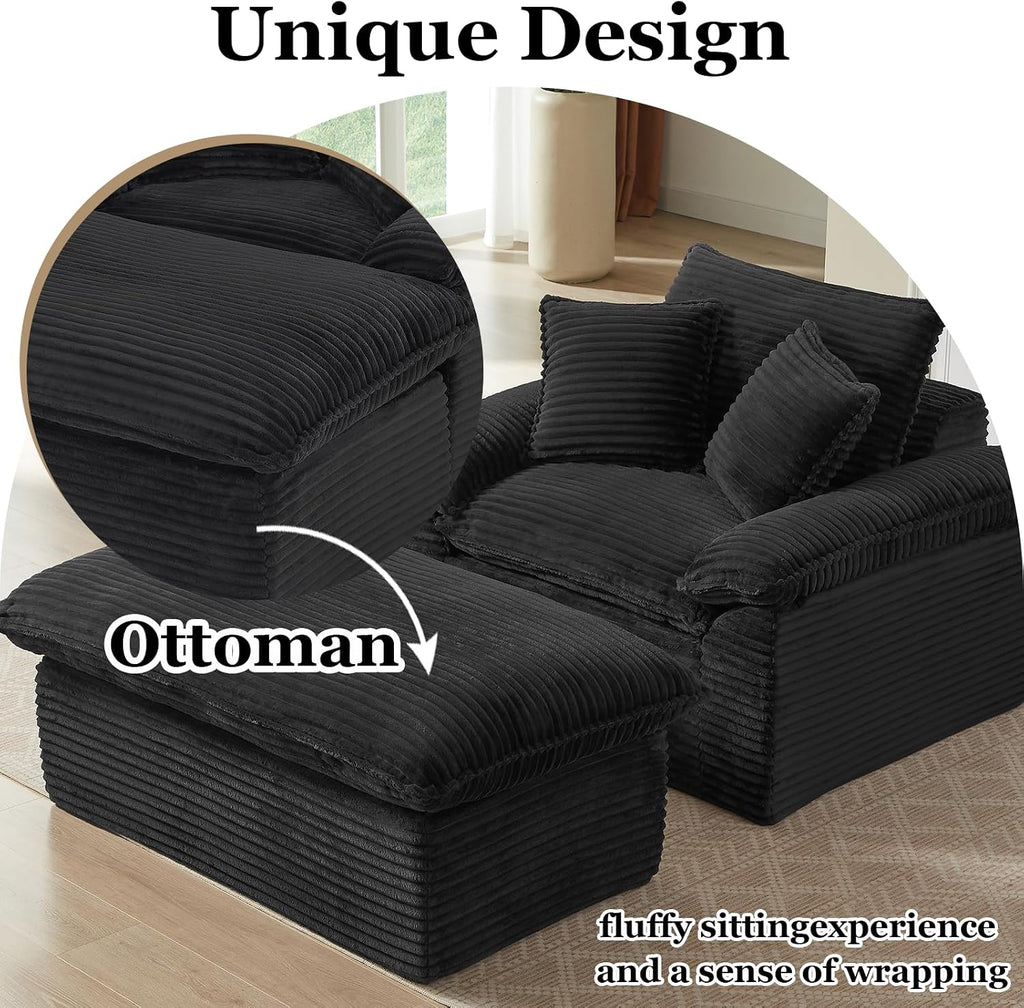52' Oversized Chaise Lounge Chair Indoor, Corduroy Boneless Chaise Lounge with 2 Pillows, Comfy Reading Chair with Ottoman, Black Sleeper Chair for Adults Living Room Bedroom Apartment (Black)