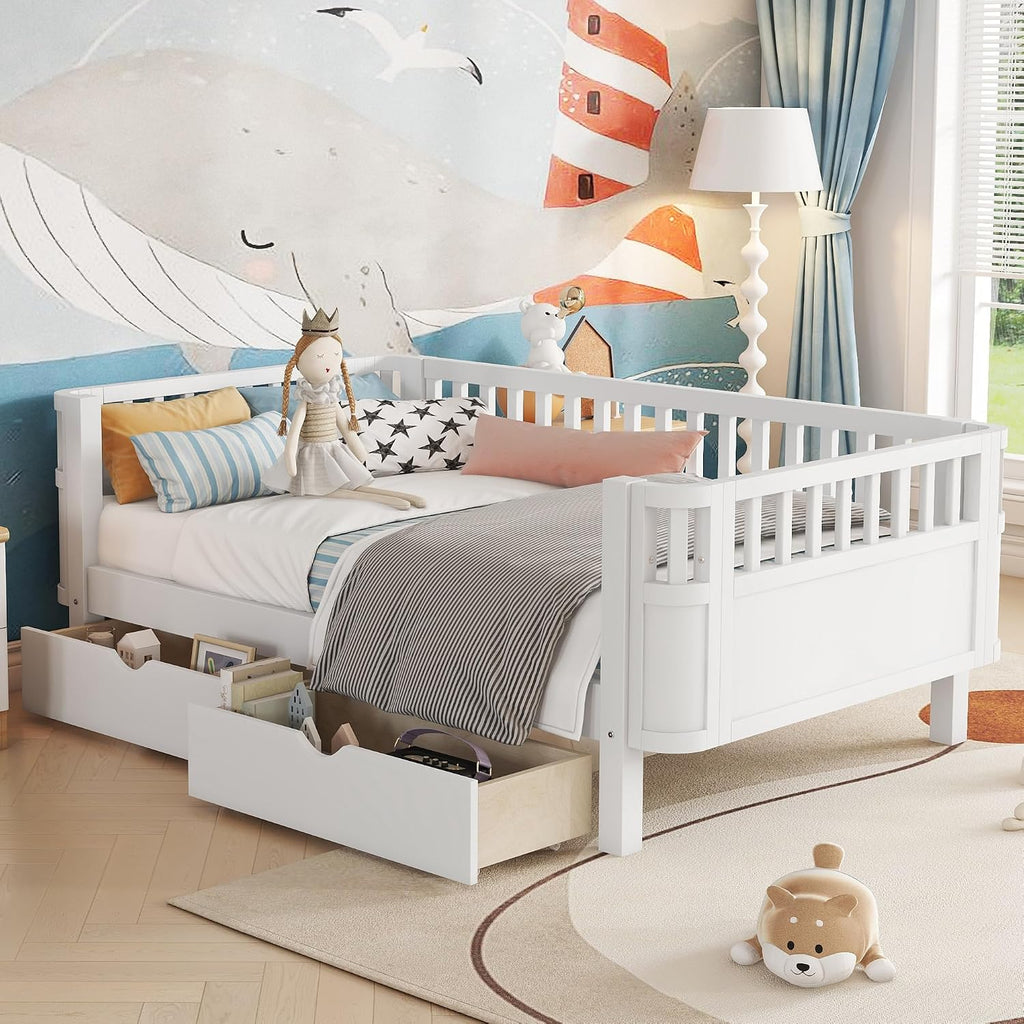 Harper & Bright Designs Twin Size Low Platform Bed Frame, Daybed with Fence and Drawers, Low Profile Bed for Bed Room, White