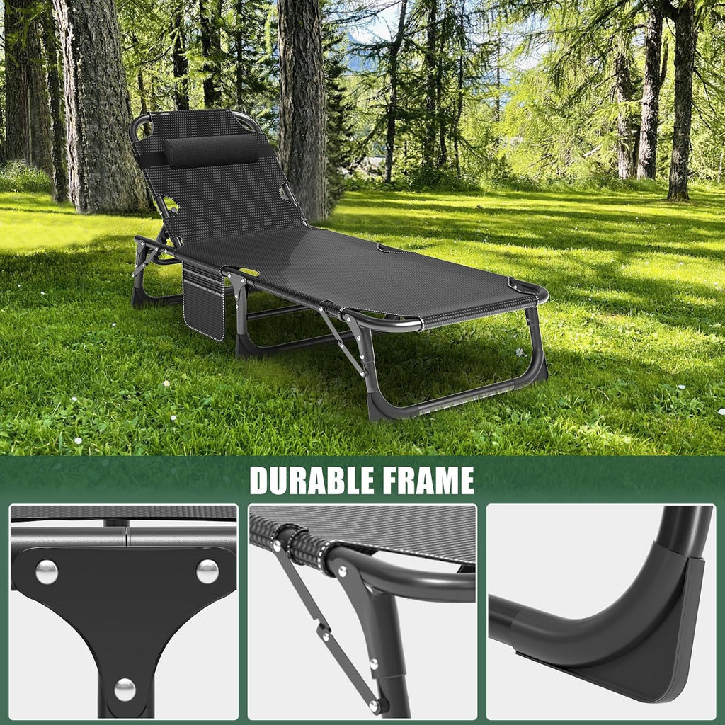 LILYPELLE Folding Outside Chaise Lounge Chair with Mattress, 5 Position Adjustable Patio Folding Lounge Chair Reclining Chairs Perfect for Sunbathing, Camping, Pool, Beach, Patio