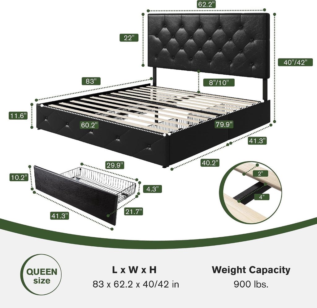 MUTICOR Queen Size Bed Frame with 4 Storage Drawers, Upholstered Platform Bed with Button Tufted Adjustable Headboard, No Box Spring Needed, Easy Assembly, Diamond Tufted, Black Leather