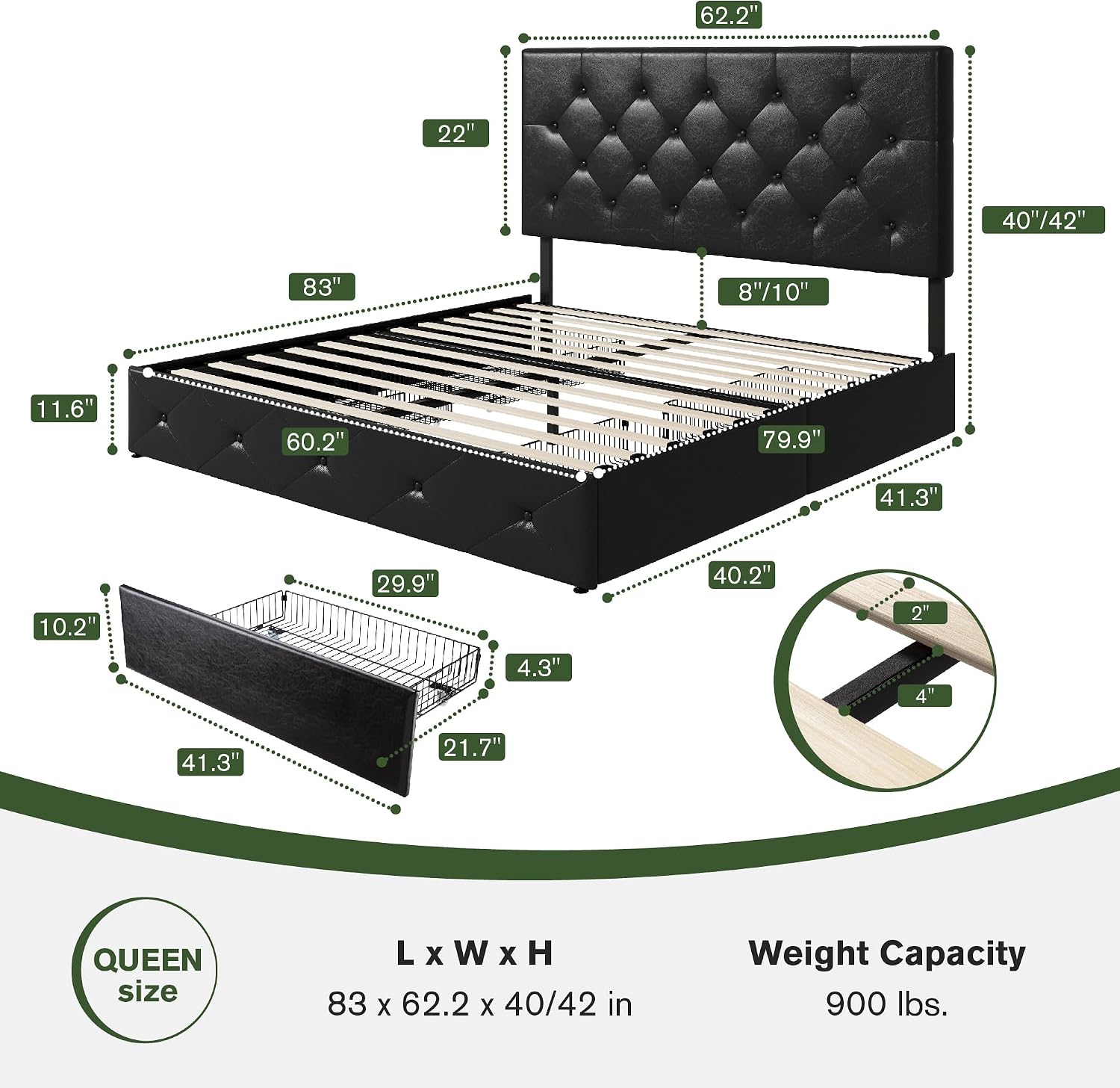 MUTICOR Queen Size Bed Frame with 4 Storage Drawers, Upholstered Platform Bed with Button Tufted Adjustable Headboard, No Box Spring Needed, Easy Assembly, Diamond Tufted, Black Leather