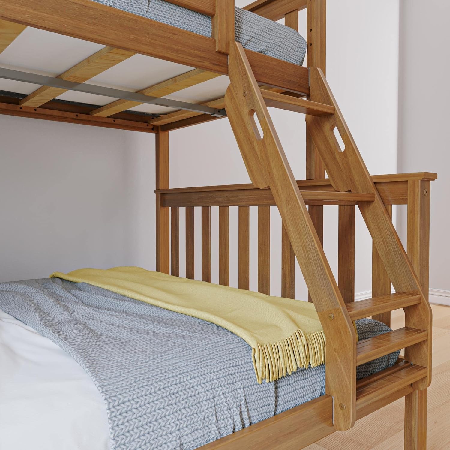 Max & Lily Bunk Bed Twin Over Full Size with Ladder, Solid Wood Platform Bed Frame with Ladder for Kids, 14' Safety Guardrails, Easy Assembly, No Box Spring Needed, Pecan