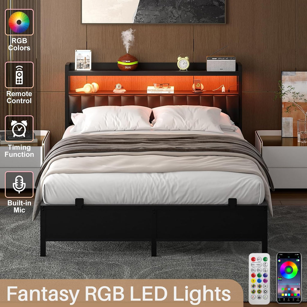 Homieasy Queen Bed Frame with Charging Station, Adjustable Upholstered Faux Leather Headboard, Industrial Platform Bed with LED Lights, Steel Slat Support, No Box Spring Needed, Black